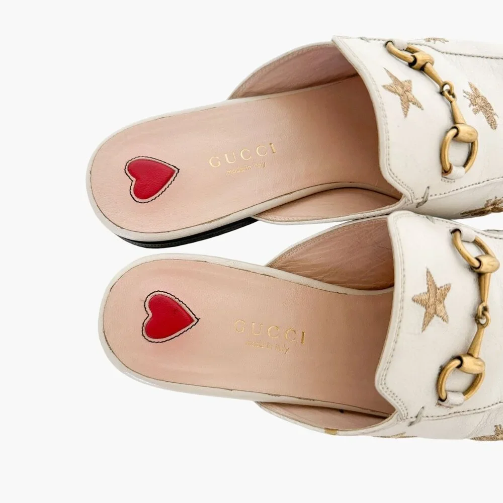Gucci Princetown Horsebit Loafer Mule EU 37 US 7 White Bee Star Embroidered